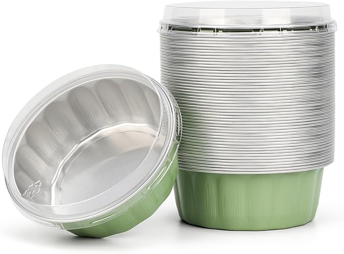 Beasea Disposable Ramekins 8oz, 50 Pack Pea Green Aluminum Foil Cups with Lids, Disposable Creme Brulee Muffin Cupcake Baking Cup Mini Pudding Cups for Party Wedding Birthday