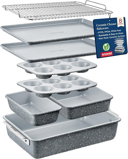 Bakken 8-Piece Stackable Bakeware Set - Ceramic Non-Stick Coating, Baking Sheets, Assorted Baking Pans, PTFE, PFOA & PFOS Free - Healthy Baking, Ergonomic Handles, Cooling Rack, Non-Toxic, Oven-Safe