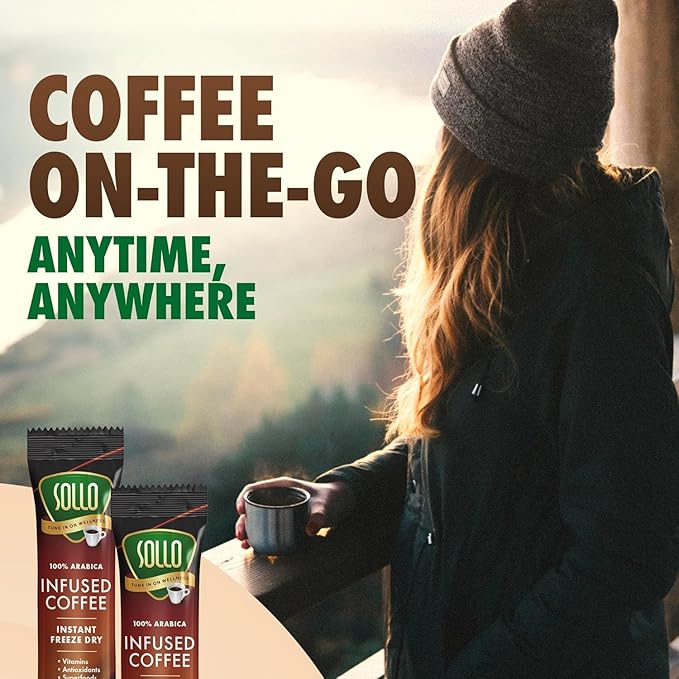Sollo Infused Instant Chaga Mushroom Coffee Sticks (24 Servings) Memory & Clarity Support, 100% Chaga, Medium-Dark Roast, Arabica Freeze Dried Coffee in Single Serve Sticks.