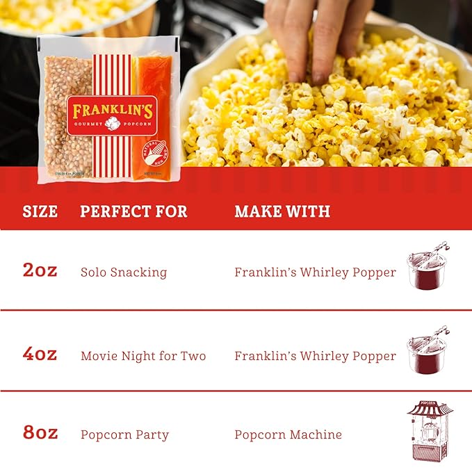 Franklin?셲 Gourmet Popcorn All-In-One Popcorn Packs for Popcorn Machine - 8oz Pack of 10 - Made in USA - Packs of Corn Kernels with Buttery Salt & Oil