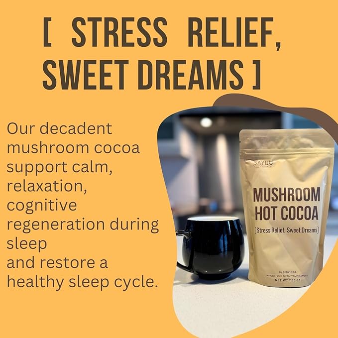 SAYUU Mushroom Coffee Hot Cocoa Mix ?“Instant Coffee Blend Enriched with Reishi, L-Theanine, Melatonin, Rich Cacao Flavor, Gut & Immune Health Support, Quick & Easy Bedtime Drink - 20 Servings