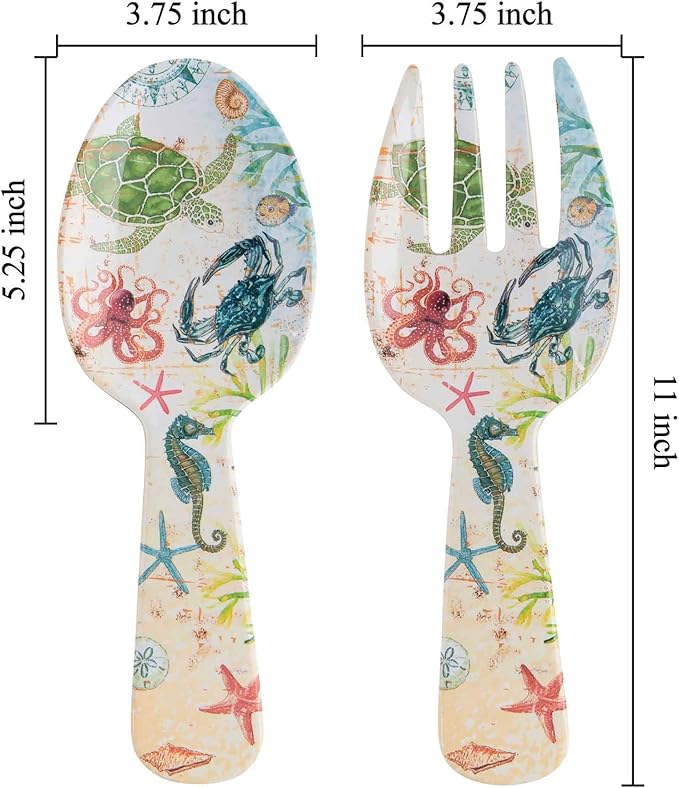 UPware Sea Life Melamine Salad Servers, Serving Utensil Set, Includes Serving Fork and Spoon for Tossing Salad, Multicolor, 10.75 Inch, Set of 2