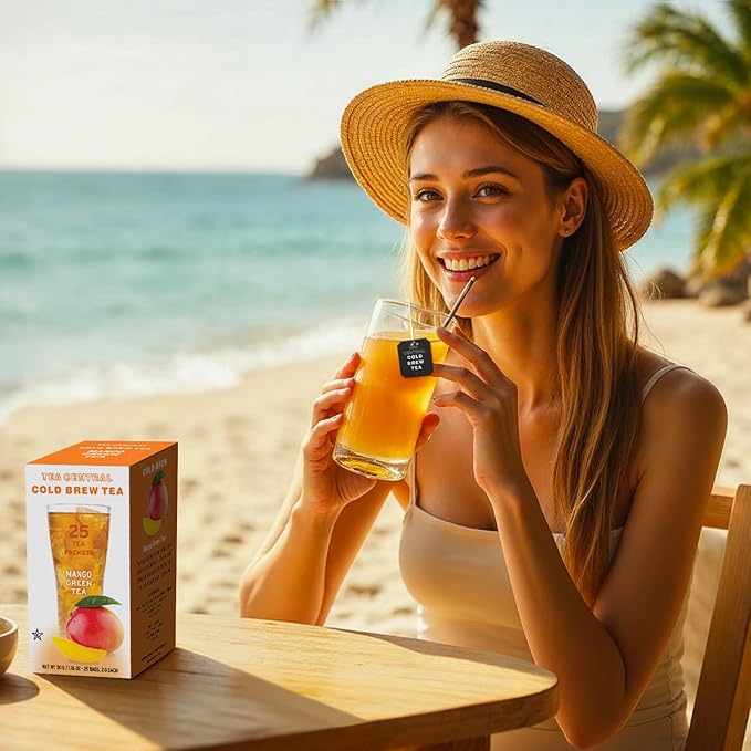 Life Plus Style Gourmet TEA CENTRAL Mango Green Tea Naturally Refreshing Cold Brew Tea Bags Organic Ceylon Iced Green Tea Everyday Wellness Sweet Mango Fruit Tea 25 Tea Bags