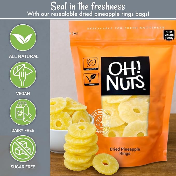 Oh! Nuts Dried Pineapple - 1 lb - Dried Fruit Rings - Organic Sweet - Dehydrated Fruit Bites - Packed in New York Zip-Seal Bag for Exceptional Freshness