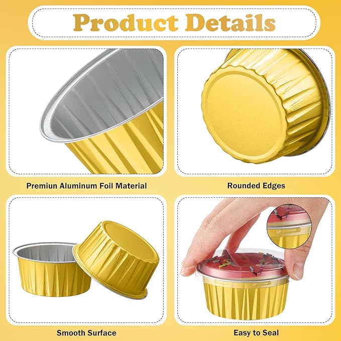 Gejoy 400 Pcs Aluminum Foil Baking Cups with Lids 5 oz Disposable Ramekins Mini Cake Pans Creme Brulee Cupcake Liners Muffin Tins Flan Mold Dessert Container for Wedding(Gold Color,Elegant)