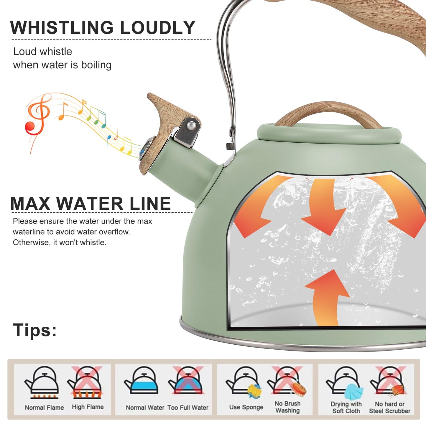 Tea Kettle, Vegoran 100 OZ / 3 Liter Whistling Tea Kettle, Tea Pots for Stove Top Food Grade