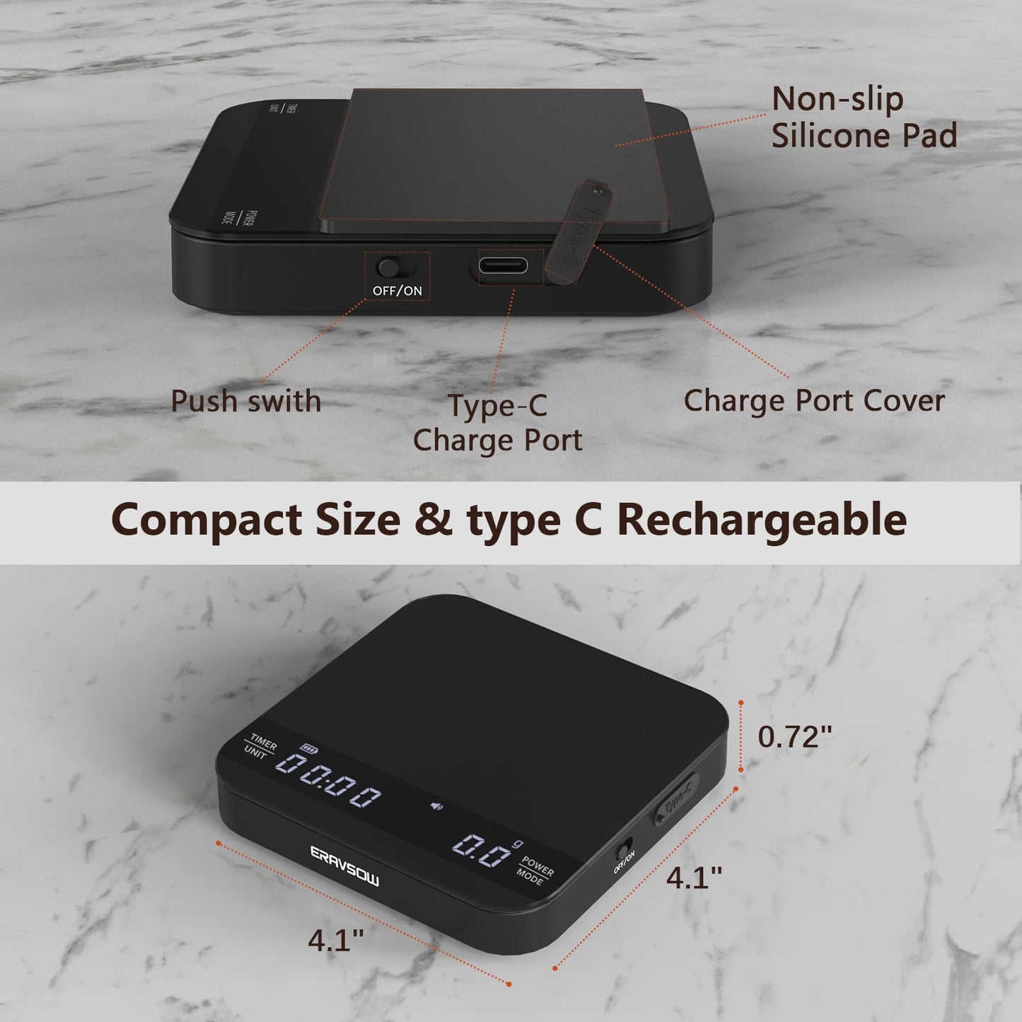 Coffee Scale with Auto Timing, Mini Rechargeable Espresso Scale with Timer, 2kg/0.1g High Precision