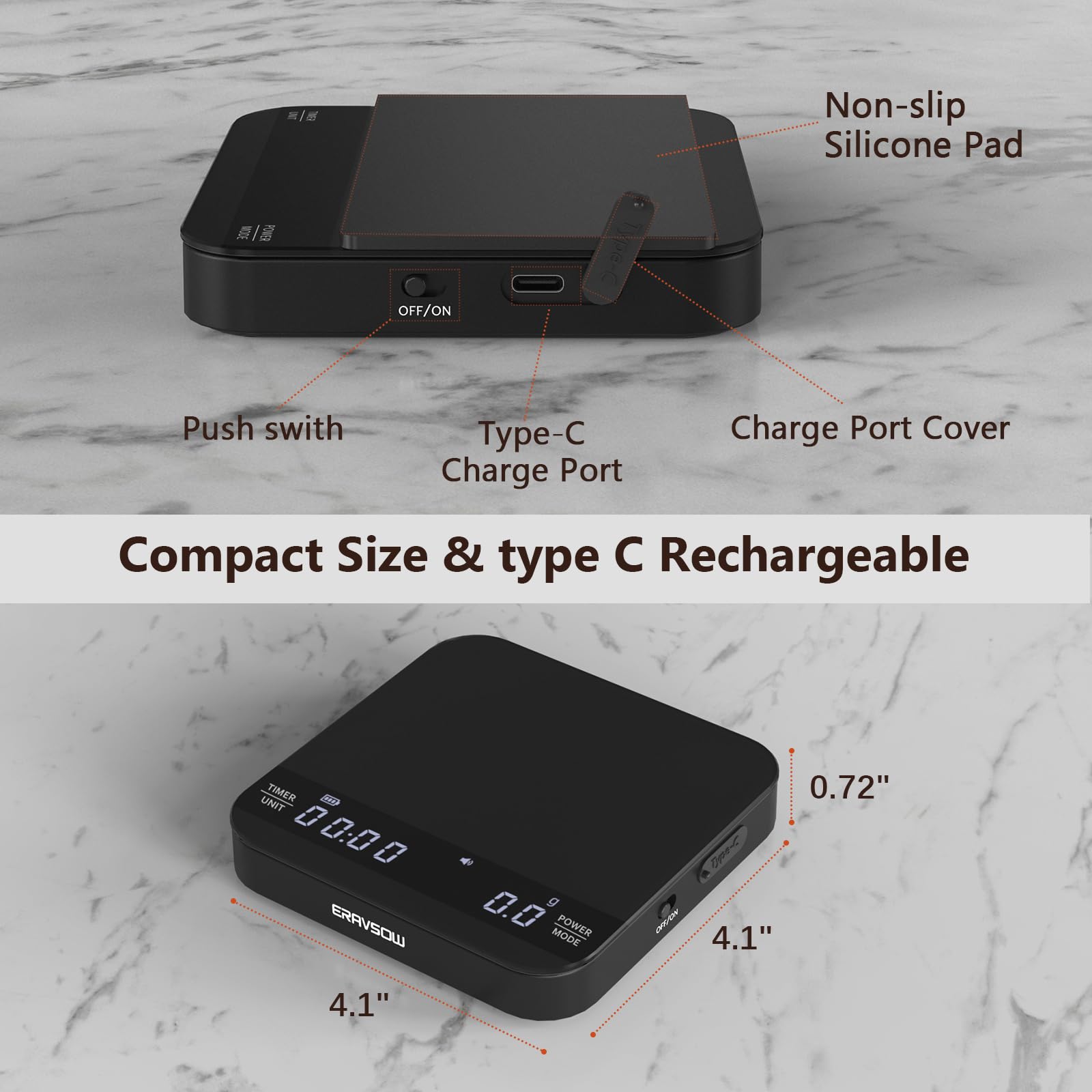 Coffee Scale with Auto Timing, Mini Rechargeable Espresso Scale with Timer, 2kg/0.1g High Precision