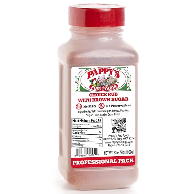 New Pappy's Choice Rub With Brown Sugar. Perfect for bbq and smoked brisket, steak, beef, chicken, fajita, seafood, veggies, rotisserie, fried, roast pulled and slow cooked meats and more - A NEW twist on a 30+ year seasoning recipe.