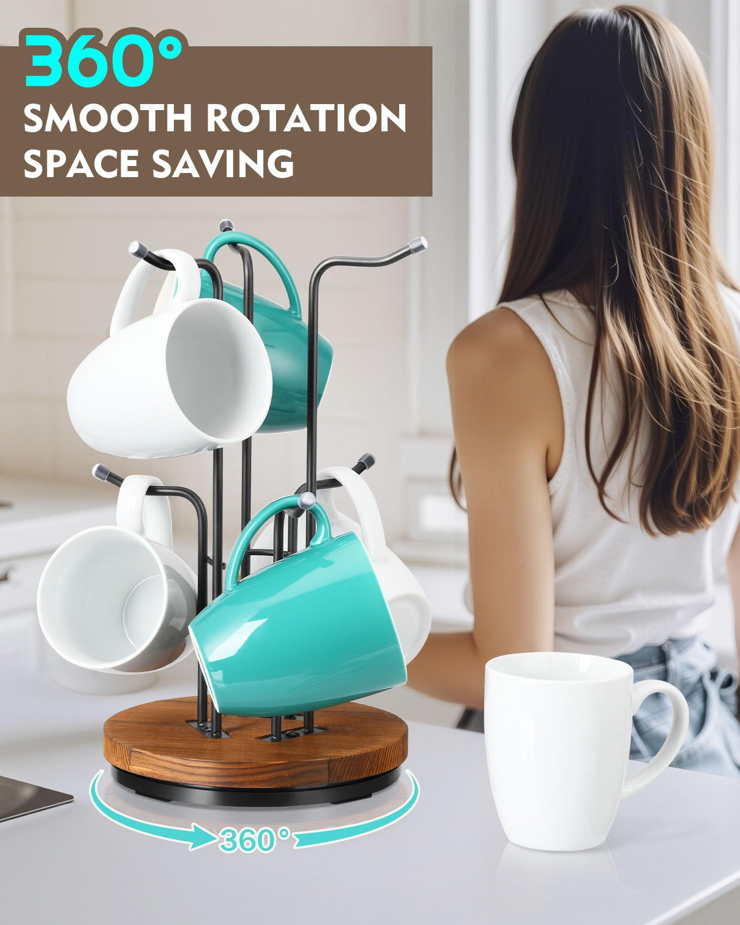 HULISEN 360° Rotating Mug Tree, Coffee Mug Holder for Large Cups, 6 Hooks