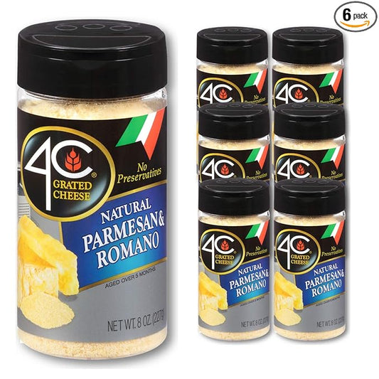 4C Grated Parmesan Romano Cheese Cannisters, 6 Pack, All Natural Premium, No Preservatives, Perfect for Italian Pastas, Lasagnas, Popcorn and More