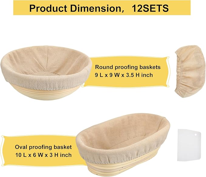 Geetery Set of 12 Proofing Basket, 10 Inch Round Oval Cane Bread Proofing Baskets with Sourdough Bread Baking Supplies, Making Kit for Dough Baking