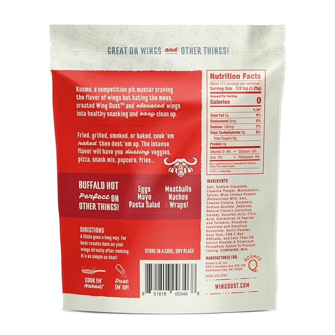 Kosmos Q Hot Buffalo Wing Dust, Spicy Chicken Wing Seasoning Powder for Wings, Popcorn, Fries & More, Bold Buffalo Flavor with Cayenne, Garlic, Blue Cheese, Dry Rub Dust for Grilling, 5 Oz Bag