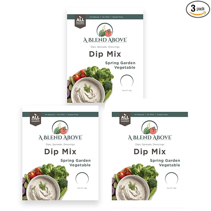 A Blend Above Spring Garden Vegetable Dip Mix, 3 Packs, 1 oz. Each, Makes 16 Ounces, Gluten-Free, No MSG, All Natural, No Preservatives, Vegan Friendly, Keto Friendly, Vegetable Dip, Chip Dip, Low Carb, Easy to Make