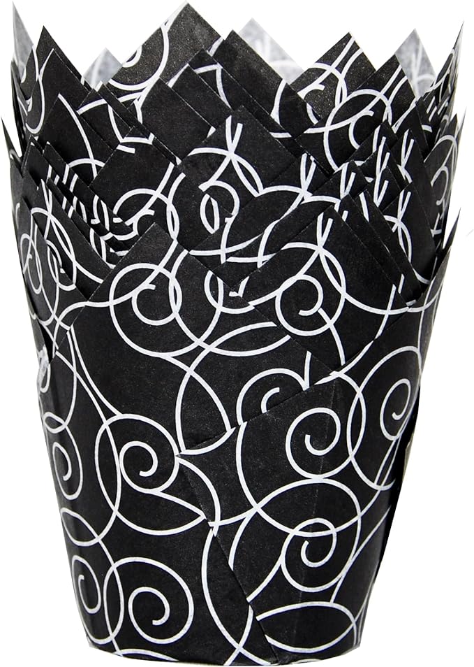 Muffin Greaseproof paper Baking cupcake cups, 2"(Bottom diameter) x 3-1/2"(Height) Black Fancy Floral Print Tulip Baking Cup Case of 125 pcs (125, Standard)