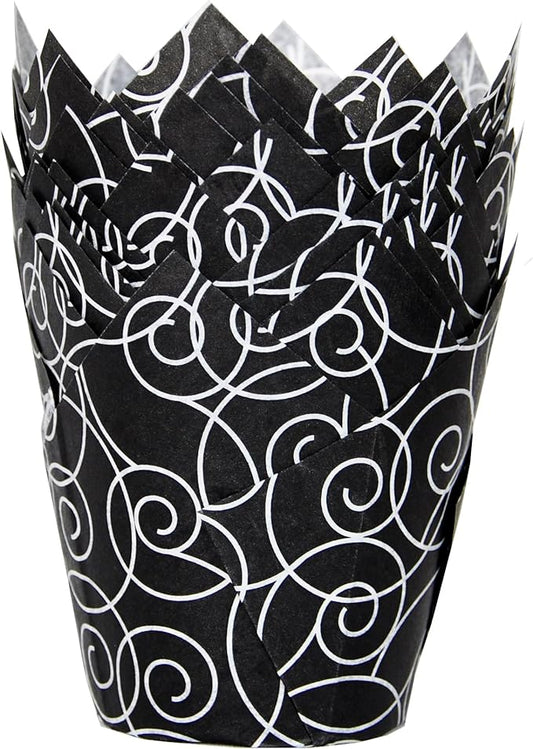 Muffin Greaseproof paper Baking cupcake cups, 2"(Bottom diameter) x 3-1/2"(Height) Black Fancy Floral Print Tulip Baking Cup Case of 125 pcs (125, Standard)