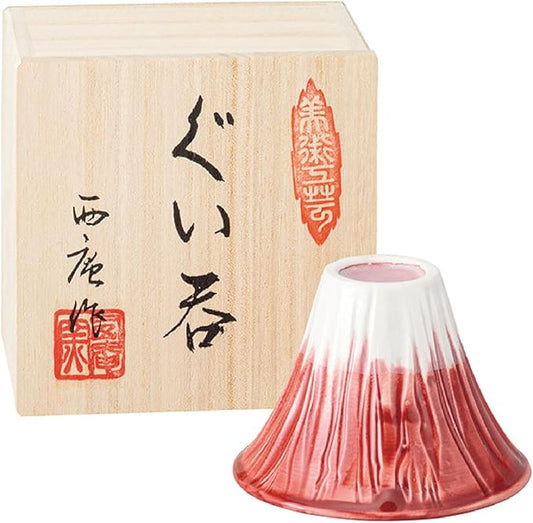 Japanese Sake Cup Mount Fuji Design Wine Soju Porcelain Ochoko Gifts (Red Fuji, 1 Ochoko)