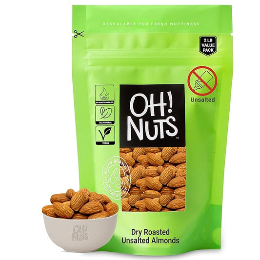 Oh! Nuts Almonds - Dry Roasted Unsalted Almonds - 2 lb - No Salt, No Oil All-Natural Protein - Packed in New York Zip-Seal Bag for Exceptional Freshness