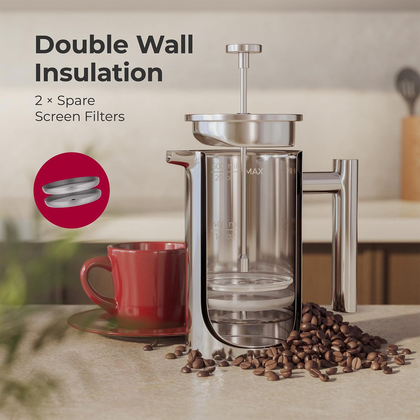 MuellerLiving French Press Coffee Maker 20oz, Stainless Steel French Press Coffee, 4 Filter Heat