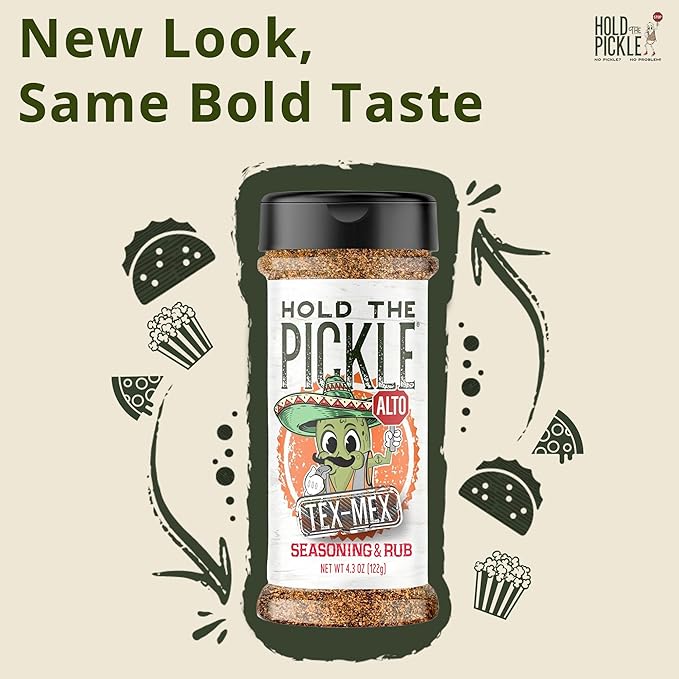 Hold The Pickle Tex Mex Pickle Seasoning - For Popcorn, Cooking - TexMex Flavored Dill Pickles Seasoning - Vegan, Non-GMO, Gluten Free, Kosher Certified, 4.3 Oz Shaker