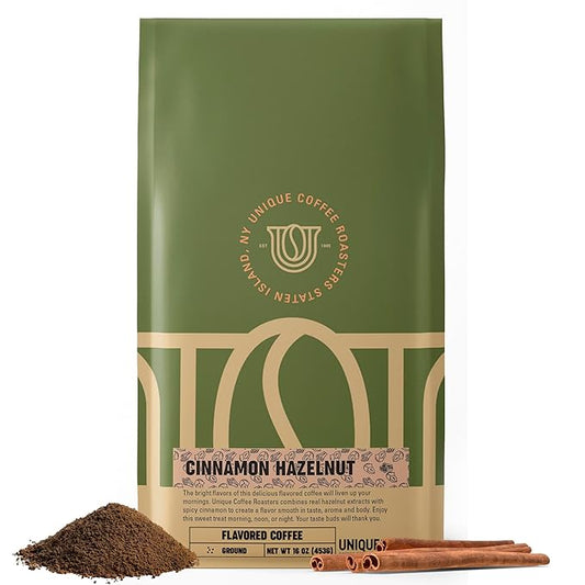 Cinnamon Hazelnut Flavored Ground Coffee, 1 LB (16 oz) bag, Medium Roast, 100% Arabica Premium Quality Flavor