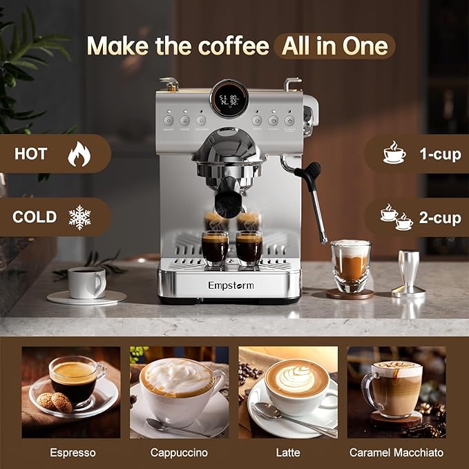 Espresso Machine with Milk Frother, Barista Coffee Machine, Cappuccino/Latte Maker, Espresso Coffee Machine for Home (20Bar Stainless Espresso Maker with Display)