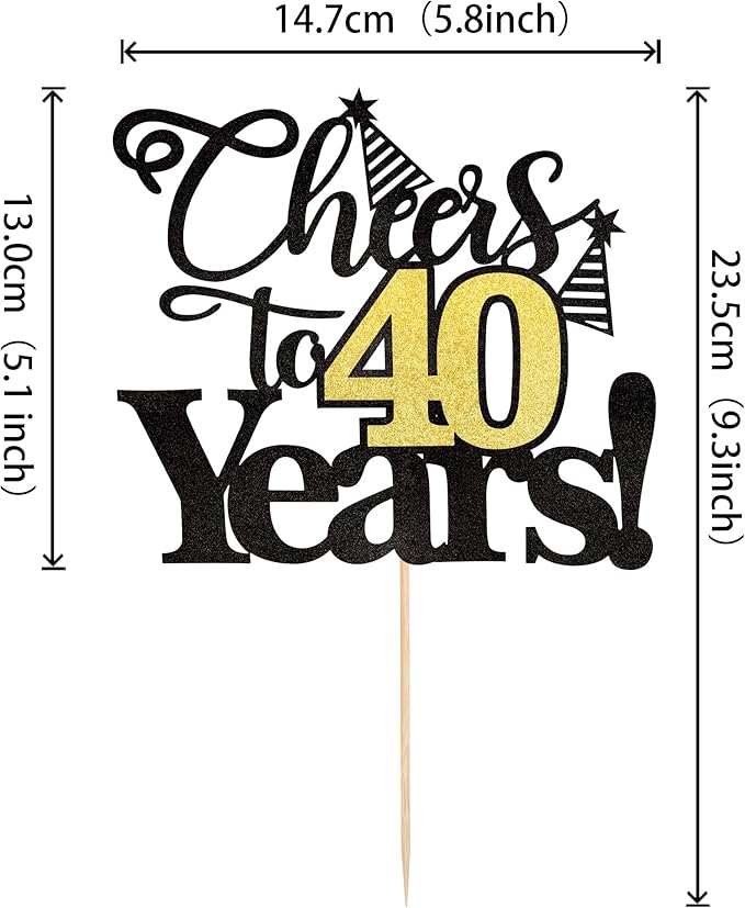 Rsstarxi 1 Pack Cheers to 40 Years Cake Topper Black Glitter Forty Years Old 40th Birthday Cake Pick Decorations for 40th Birthday Wedding Anniversary Party Supplies