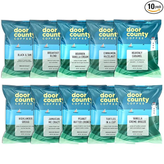 Gourmet Flavored Coffee Sampler Pack - 10 Bags of Unique Flavored Coffees ??100% Specialty Grade 1 Arabica -1.5 oz Full-Pot Bags - Roasted by Door County Coffee