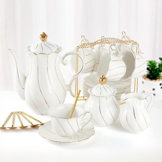 DUJUST 22 pcs White Porcelain Tea Set for 6, Luxury British Style Tea/Coffee Cup Set with Golden