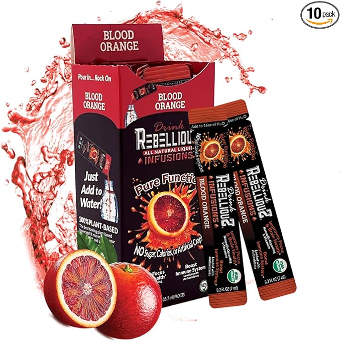 Rebellious Blood Orange Organic Drink Mix ??Organic Zero Calorie Energy Drink Mix | Monk Fruit & Green Tea Extract | L-Theanine + Natural Caffeine | 100% Plant-Based | Pack of 10 | Keto,Gluten-Free