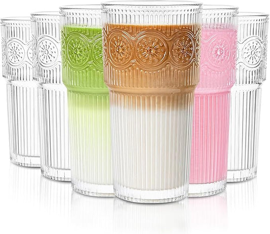 INSETLAN 20oz Ribbed & Floral Glasses Drinking Set of 6- Clear Glass Tumbler, Reusable Glass Cups for Iced Coffee, Water, Beer, Smoothies, Tea, and Juice ??Perfect for Party and Daily Use