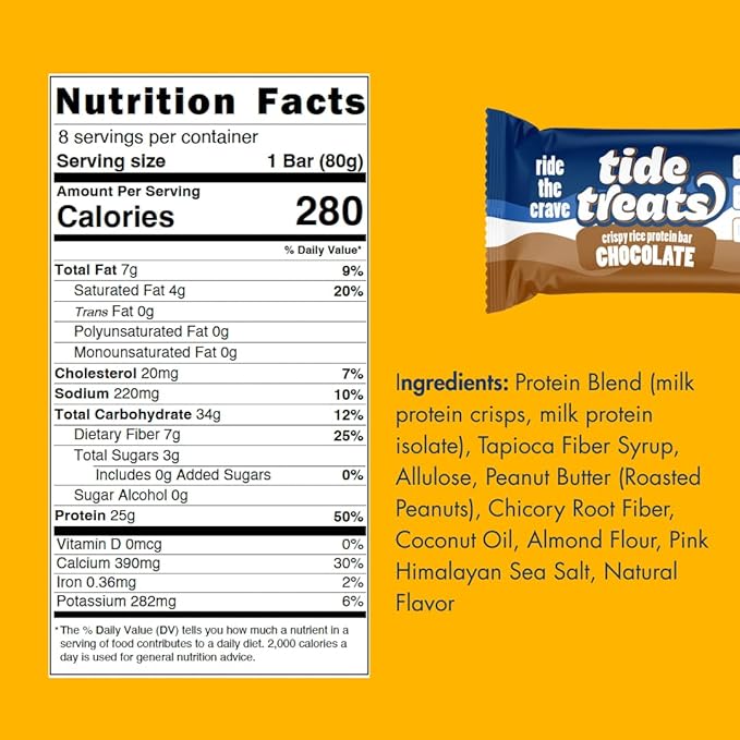 25g Protein Bar Crispy Rice Treat Chocolate | Clean Ingredients, Gluten Free, No Added Sugar, 7g Fiber | High Protein Snack, Post-Workout Dessert Cravings | 8 Count | TideTreats