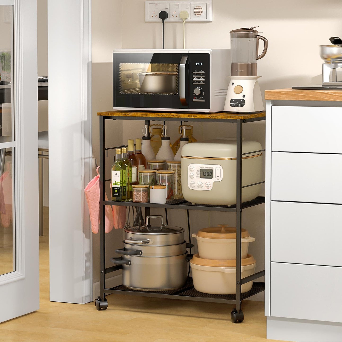 ThreeHio Rolling Kitchen Microwave Cart, 3 Tier Microwave Table Stand with Storage, Kitchen Utility