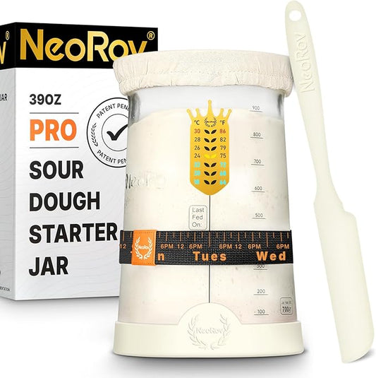 Pro Sourdough Starter Kit - 39 Oz Glass Sourdough Starter Jar (With Cloth Lid,Silicone Base,Scraper,Date Tracker,Temp Strip) - Sourdough Bread Baking Supplies For Sour Dough Bread Loaf (Cream)