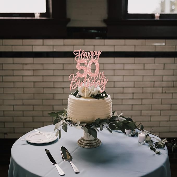 1 PCS Happy 50th Birthday Cake Topper Glitter Cheers to 50 Years Birthday Cake Pick Fifty Hello 50 Fabulous Cake Decorations for Happy 50th Birthday Anniversary Party Supplies Rose Gold