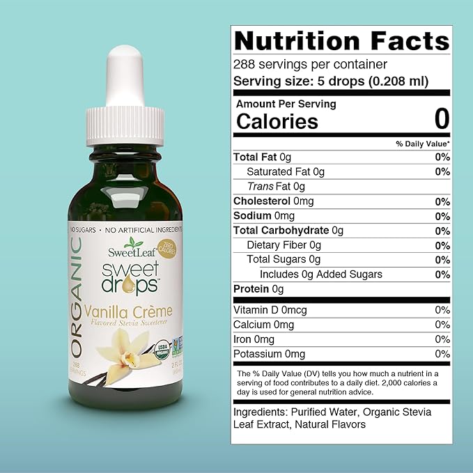 SweetLeaf Organic Sweet Drops - Flavored Stevia Liquid Sweetener, Stevia Extract, Zero Calorie, Keto Friendly, Non GMO, Natural Flavor, Sugar Alternative - Vanilla Creme, 2 Fl Oz (Pack of 1)