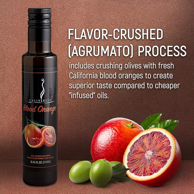 Calivirgin Blood Orange Olive Oil - Blood Orange Infused Extra Virgin Olive Oil - Cold Pressed Olive Oil - Blood Orange Flavored Olive Oil - No Preservatives, Organically Grown Olives - 250ml
