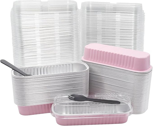 100 Pack 6.8oz Aluminum Cake Pans with Lids Rectangle Mini Loaf Pans Baking Cups Disposable Cupcake Baking Tins with 100 Pcs Plastic Spoons, Pink