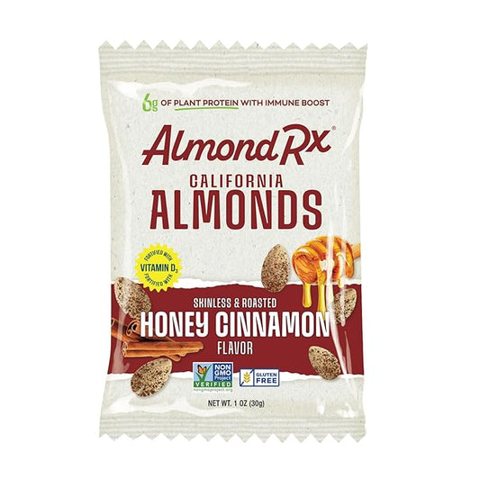 AlmondRx | Heart Healthy Skinless Lightly Salted California Almond Snack Packs | Fortified with Vitamin D | Plant Protein | Keto | Vegan | No Sugar Added (6 Pack, Honey Cinnamon)