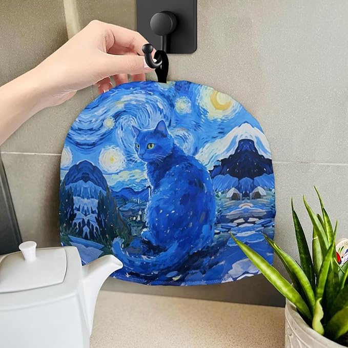 Tea Cozy Starry Night Blue Cat Print Creative Insulated Tea Cosy Extra Thick Home Kitchen Decoration Creative Gifts Dust Teapot Cover Kitchen Accessories for Travel