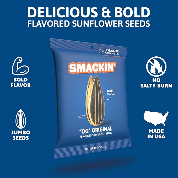 SMACKIN' - Jumbo Roasted Sunflower Seeds, No Salty Burn, American Made, Easy Pour & Seal - Original, 4oz bag (12 Bags)