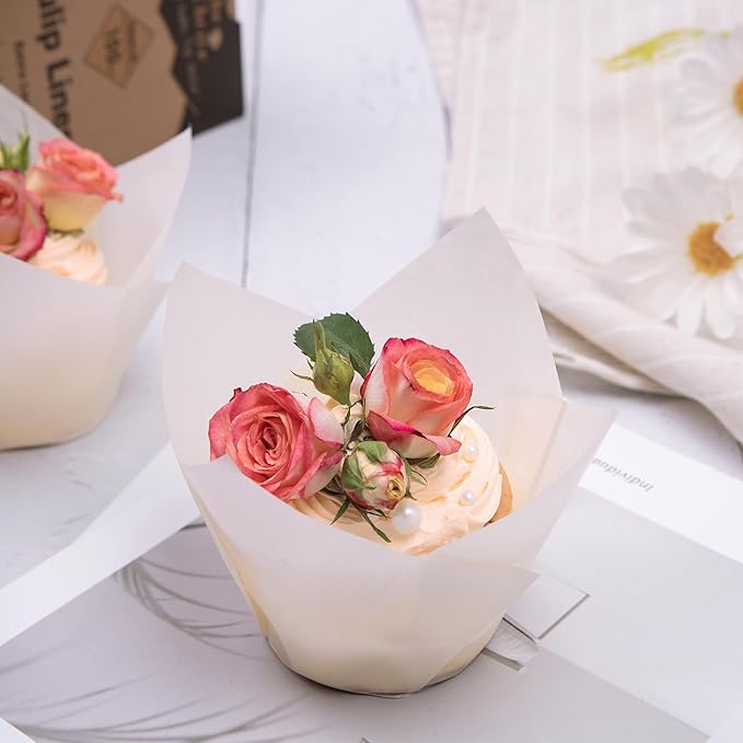 Nordic Paper 100pcs Large Size White Tulip Cupcake Liners for Baking Cups EU Parchment paper Tulip Muffin Liners, Cupcake Wrapper for Party, Christmas