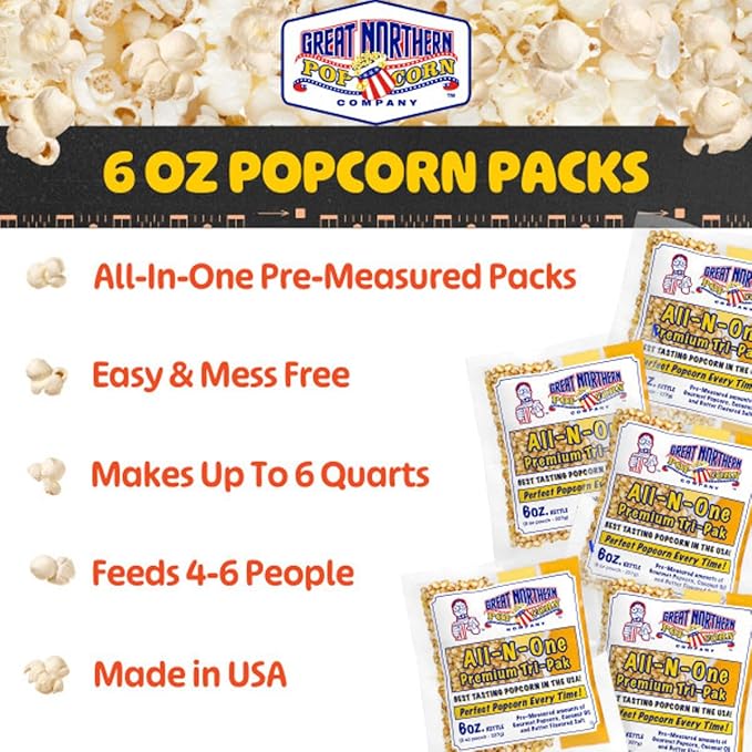 6 oz Popcorn Packs ??Pre-Measured, Movie Theater Style, All-in-One Kernel, Salt, Oil Packets for Popcorn Machines by Great Northern Popcorn (40 Case)