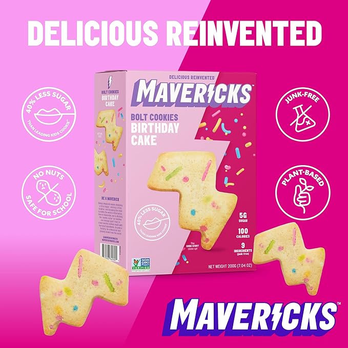 Mavericks Birthday Cake Bolt Cookies - Plant-Based Birthday Cake Confetti Cookies, Egg-Free, Nut-Free, Plant-Based Dessert for Kids - Back to School - 7 oz Box (1 Pack)