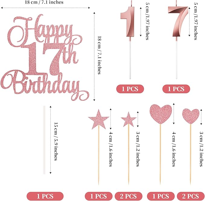 17th Birthday Cake Decorations, 17th Birthday Candles Cake Numeral Candles and Glitter Happy 17th Birthday Cake Toppers Set for Birthday Party Supplies (Rose Gold)