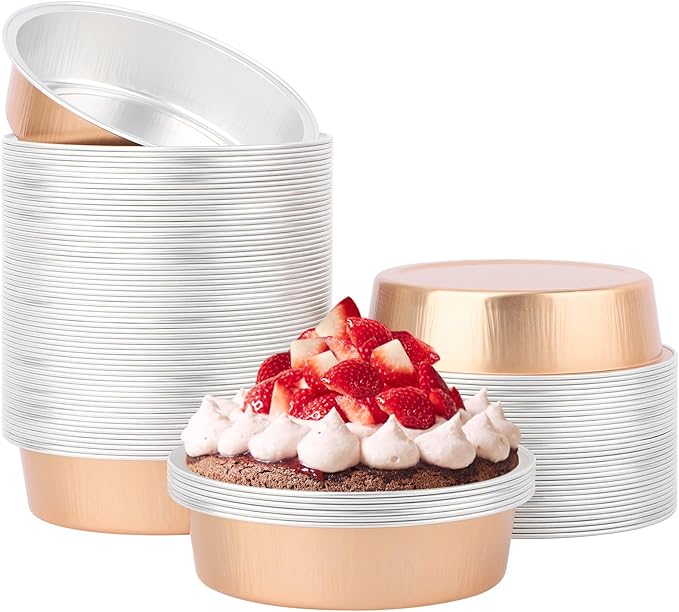 Beasea Aluminum Foil Ramekins, 7.3oz 100 Pack 4 Inch 215ml Disposable Ramekins Foil Cups No Lids Baking Ramekin Cup Cupcake Aluminum Mini Baking Cups for Party - Rose Gold