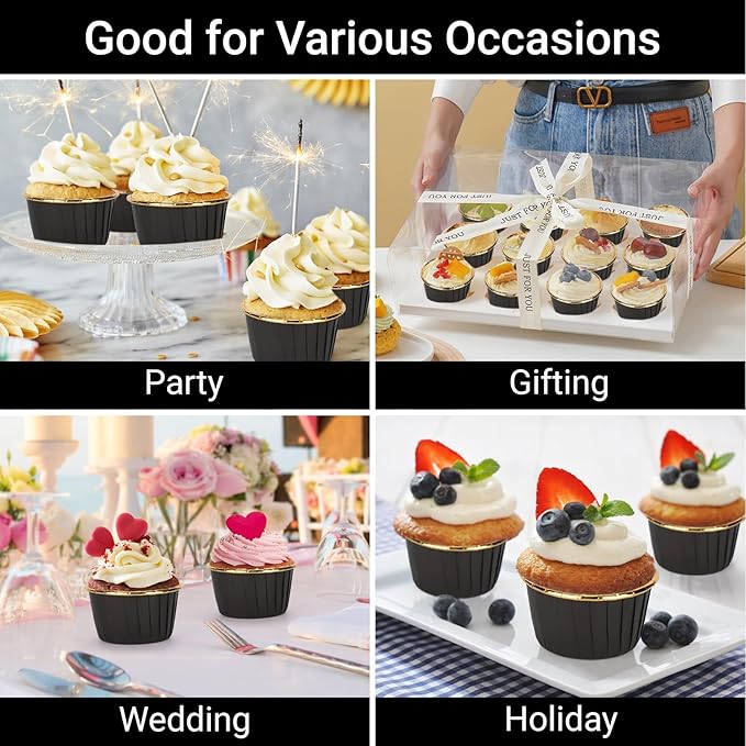 EUSOAR Black Cupcake Liners, 100pcs 3.5oz Mini Cheesecakes Cups Disposable Ramekins, Aluminum Foil Wrappers Paper Cupcake Containers Muffin Dessert Holders for Birthday Wedding Party-Black/Gold