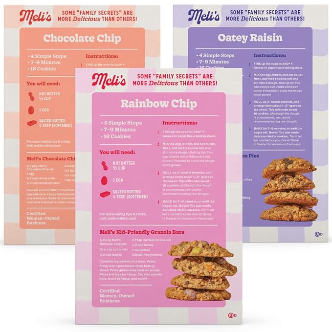 Meli?셲 Gluten Free Cookie Mix, Cookies Variety Pack - Chocolate Chip, Rainbow Chip & Oatey Raisin, High Protein Baking Mix, Easy Bake Oven Mixes for Sweet Treats & Desserts, 16oz Box,3-Pack