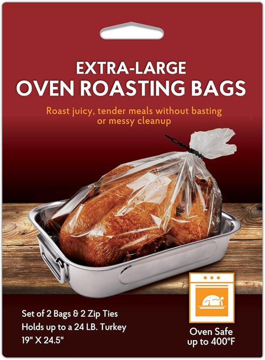 HIC Kitchen Roasting Extra-Large Oven Roasting Bags with Zip Ties, Holds 24-Pound Turkey, Set of 2 Bags and 2 Bag Ties