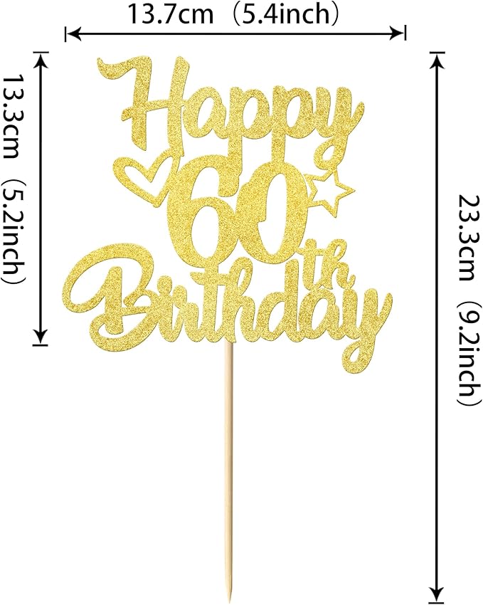 1 Pack Happy 60th Birthday Cake Topper Glitter Heart Star 60 Fabulous Cake Pick Birthday Sign Cake Decorations for Children 60th Birthday Theme Party Supplies Gold